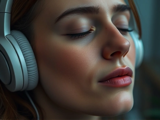 A close-up of a person peacefully listening to music with headphones, showing a calm expression and subtle light effects representing brain activity and relaxation.