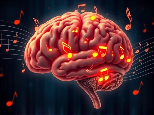 A detailed illustration of a human brain with musical notes and sound waves flowing through it, highlighting different brain regions lighting up, with a serene and scientific tone.