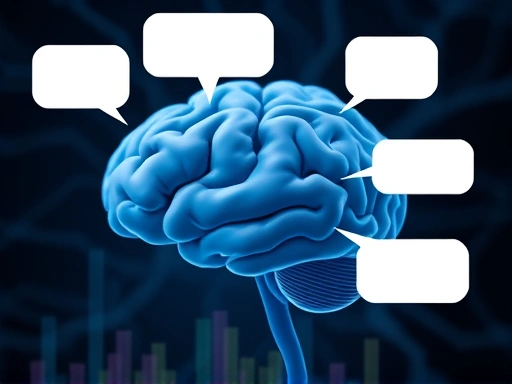 Close-up of a brain graphic overlayed with thought bubbles, some aligned and some contradictory, representing the internal struggle and cognitive process of confirmation bias. Focus on neural connections and biased information flow.