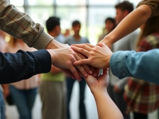Close-up of hands joining together in a circle, symbolizing community support and shared human connection, with a blurred background of people interacting in a group setting.