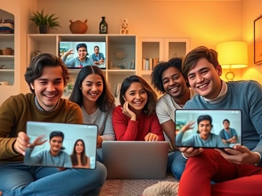 Diverse group of friends connecting happily via video call on various devices, warm lighting, cozy home environment, showing joy and shared activities, reflecting digital connection during a pandemic.