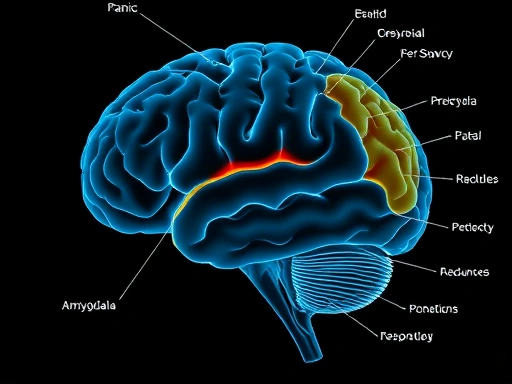 A detailed diagram of the human brain with highlighted areas like the amygdala and prefrontal cortex, showing neural pathways associated with fear and panic, featuring scientific accuracy and clarity.