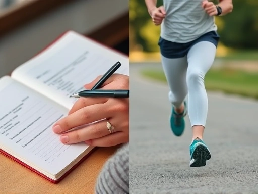 A close-up shot of a person's hands writing in a journal and then a person's feet during a light jog, symbolizing healthy emotional release methods. The image should convey calmness, self-care, and positive coping mechanisms.