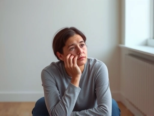 A person with a thoughtful expression, sitting in a quiet, minimalist room, engaged in peaceful self-reflection and emotional processing, symbolizing understanding shame and guilt.