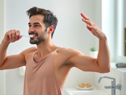 A person seamlessly transitioning from brushing teeth to stretching, showing a calm and productive morning routine in a well-lit modern bathroom.