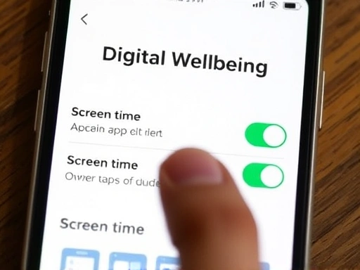 A close-up shot of a smartphone screen displaying 'Digital Wellbeing' or 'Screen Time' settings, with a hand tapping on an app limit option, illustrating practical screen time management. 