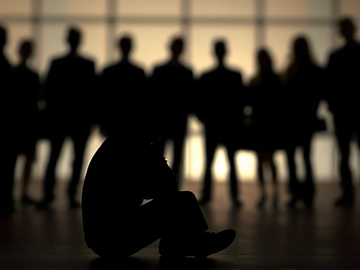 A person sitting alone, deeply thinking, surrounded by blurred group silhouettes in the background, illustrating introspection amidst social pressure and preserving individual judgment.