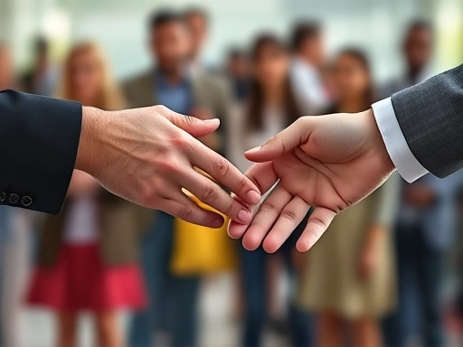 A close-up shot of two hands, one reaching out to the other, symbolizing reconciliation and understanding amidst political differences, with a blurred background of diverse people working towards dialogue.