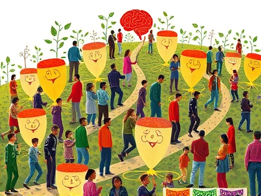 A diverse group of people of all ages growing on different paths, symbolizing psychological development and individual differences, with a bright, hopeful atmosphere.