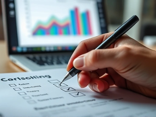 Close-up shot of a hand using a pen to check off items on a structured decision-making checklist, with a graph or data visualization on a laptop screen in the blurred background, emphasizing rational and data-driven methods for decision making.