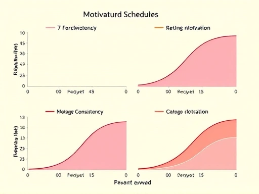 An abstract representation of different reward schedules with distinct patterns of motivation curves, illustrating consistency, peaks, and pauses. Use vibrant colors and clean lines.