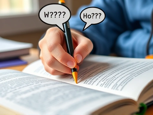 A close-up shot of a student's hand highlighting text in a notebook, with thought bubbles indicating self-questioning and reflection, demonstrating active learning and metacognition.