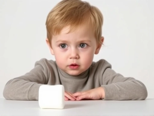 A child in a psychological experiment, sitting at a table, looking at a single marshmallow with a determined expression, trying to resist eating it. The scene should be clean and focused, emphasizing the child's internal struggle for self-control and delayed gratification. Keywords: self-control, marshmallow experiment, child discipline, delayed gratification, psychological experiment.