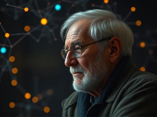 A wise elderly person deep in thought, surrounded by subtle glowing neural networks, symbolizing brain activity and experience, in a serene and reflective setting.