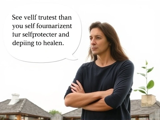 A person thoughtfully setting clear boundaries in a calm, respectful conversation, symbolizing self-protection and relationship health, with elements of growth and balance in the background.