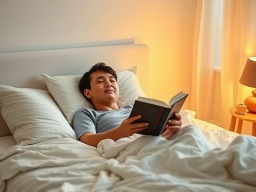 A person studying peacefully on a cozy bed with a book, surrounded by soft, warm light, indicating effective sleep learning for memory enhancement.