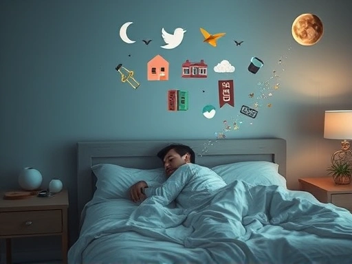 A peaceful bedroom with soft lighting, a person sleeping soundly in bed, surrounded by floating, abstract dream-like symbols, conveying the psychological functions of dreams.