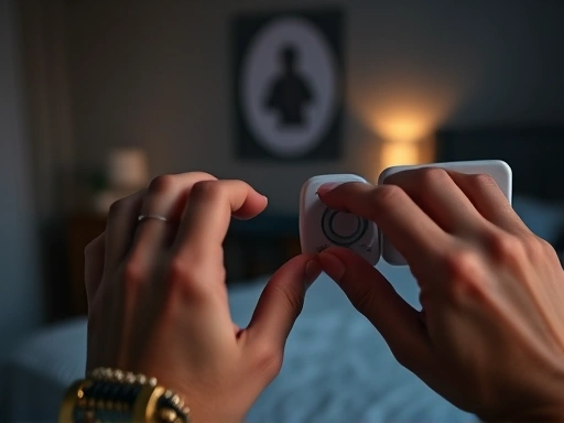 Close-up of hands adjusting a thermostat to a cool temperature, with a blurred background of a tidy, dark bedroom, illustrating optimal sleep environment control.