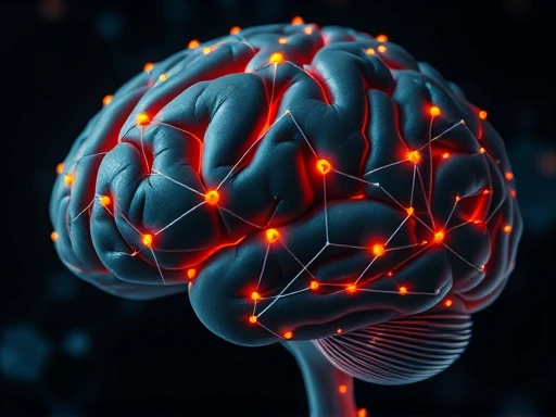 A close-up of a human brain with subtle glowing neural connections, overlaid with abstract representations of interconnected human figures, illustrating the complex 