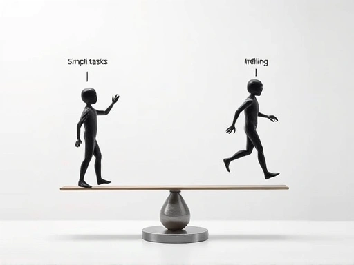 An abstract representation of social dynamics, with two figures on a scale. One side is rising (facilitation) with simple tasks, the other is falling (inhibition) with complex tasks, demonstrating a dynamic balance of performance under others' presence. Keywords: social facilitation, social inhibition, performance dynamics, psychological balance.