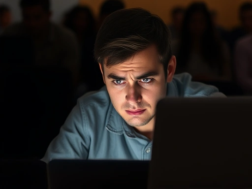 A close-up of a person's anxious face, surrounded by blurred silhouettes of an audience, struggling with a complex task on a laptop. Emphasize their focused yet distressed expression. Keywords: social inhibition, evaluation apprehension, complex task, performance anxiety.