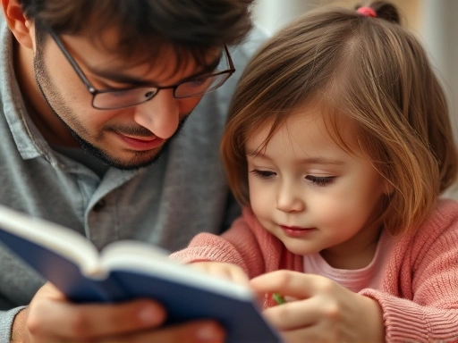 Close-up shot of a parent and child interacting, the child mimicking the parent's action like reading a book or drawing, with a focus on the shared activity and subtle expressions of understanding and connection, emphasizing the modeling effect and positive influence.