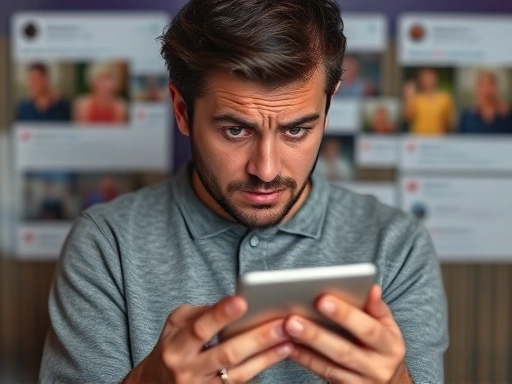 A person feeling overwhelmed and anxious while scrolling through a social media feed, showing facial expressions of stress and comparison.