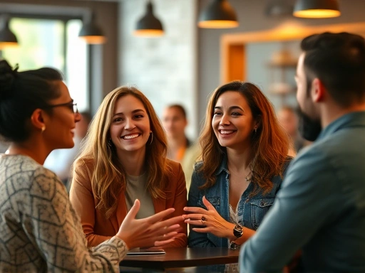 A diverse group of people engaging in genuine conversation, with warm lighting and a sense of connection. Focus on active listening and mutual respect, with a blurred background of a modern cafe or community space, incorporating social networking keywords.