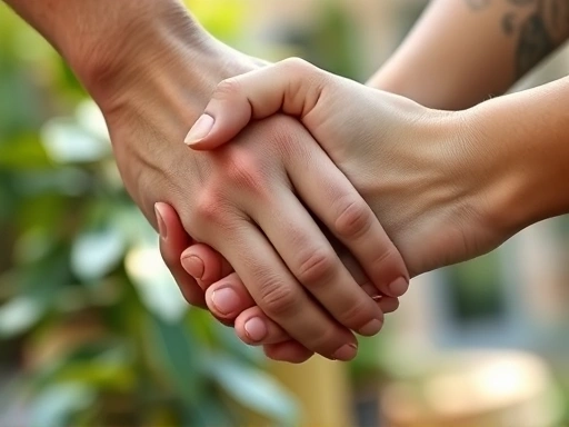 Close-up on two hands gently clasped, symbolizing trust and support within a relationship. The background is softly blurred to emphasize the connection, with elements suggesting growth and stability, including meaningful relationships and human connection keywords.