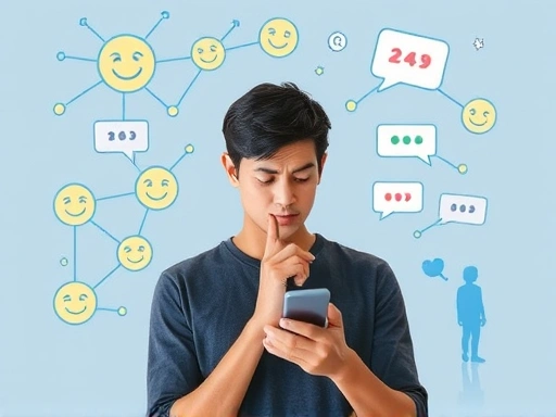 A person thoughtfully looking at their phone, surrounded by both positive elements (connecting lines, smiling faces) and negative elements (stressful notifications, isolated figures) symbolizing the dual impact of social media on mental health.