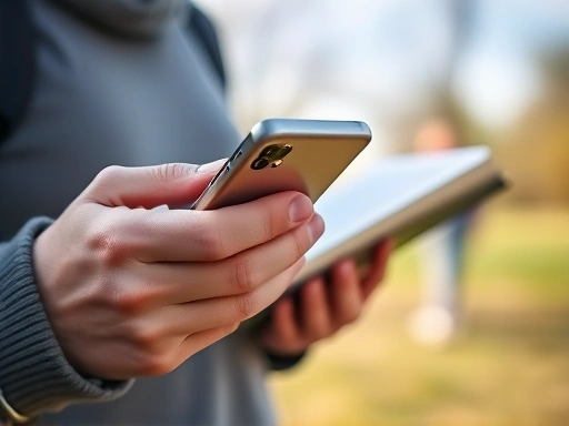 A close-up of hands holding a smartphone, with a blurred background showing a person engaging in a real-life activity (e.g., reading a book, walking outdoors), illustrating the contrast between online and offline engagement for mental well-being.