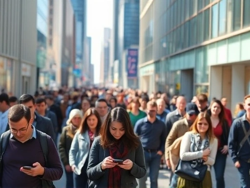 A bustling crowd walking in a modern city, with some individuals looking at their phones, symbolizing social influence and information overload. Clear, bright lighting.