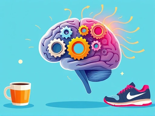 A vibrant illustration of a brain with gears and flowing energy, representing automation and efficiency, surrounded by elements of daily routines like a morning coffee cup, a book, and a running shoe, in a modern, clean style with bright colors, highlighting the scientific aspect.