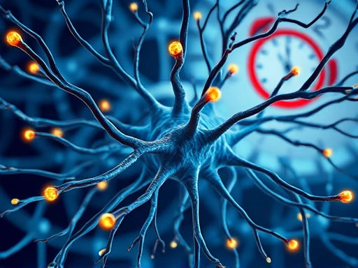 A close-up, detailed illustration of neural pathways and synapses firing rapidly and efficiently, showcasing the automated processes of the brain, with a subtle background of a simplified clock or calendar, emphasizing cognitive efficiency and habit formation.