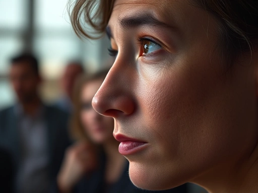 A close-up of a thoughtful person's face, with light reflecting in their eyes, symbolizing clarity and independent thought, while a distant group is out of focus for individual judgment.