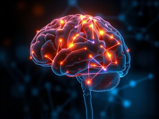 Abstract illustration showing interconnected human brain regions, some areas dimly lit and shadowed, while others are brightly illuminated, representing the impact of trauma and the potential for healing and regrowth of neural pathways.