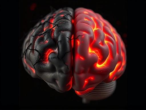 Close-up conceptual image of a human brain, one half appearing chaotic with jagged neural connections and dark tones, and the other half showing smoother, organized, and glowing neural networks, symbolizing the transition from trauma to recovery and neuroplasticity.