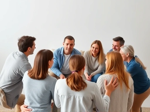 Diverse group of people in a supportive circle, engaged in a discussion, illustrating various types of social support for mental well-being.