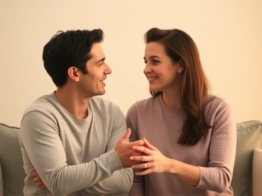 A couple discussing their feelings openly and calmly, symbolizing healthy communication in a relationship, with soft, warm lighting. Includes keywords: attachment styles, communication, relationship.