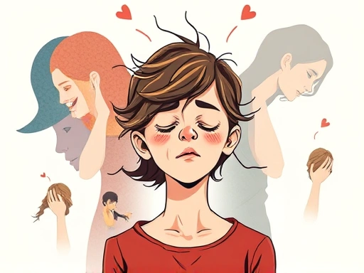 A detailed illustration of a person with complex emotions, symbolizing the internal struggles of Borderline Personality Disorder, surrounded by blurred, abstract shapes representing unstable relationships, with a calm, empathetic background. Keywords: BPD, emotions, relationships, instability, internal conflict.