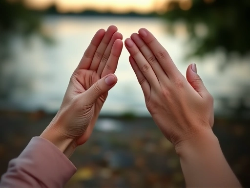 Close-up of two hands gently pushing apart, symbolizing healthy boundary setting, with a serene background suggesting personal space and peace, focusing on the subtle yet firm separation.
