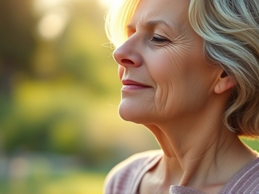 Close-up of a woman peacefully practicing mindfulness or meditation outdoors, highlighting mental well-being and stress reduction during menopause, with soft natural light.
