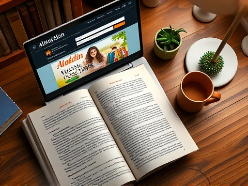 A detailed top-down view of an open book on a desk, next to a laptop displaying the Aladdin online bookstore website, with a steaming mug and a small plant, conveying a cozy reading and shopping atmosphere, with soft ambient light.