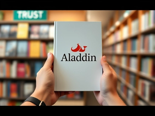 A close-up shot of a hand holding a book displaying the Aladdin logo, with a blurred background of bookshelves in an online bookstore setting, emphasizing trust and user experience.