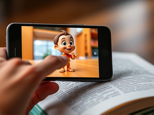A close-up shot of a smartphone screen showing a 3D animated character from an AR English learning book, with a hand pointing at a word on the physical book. Focus on the seamless integration of digital content and physical book, emphasizing the interactive and immersive experience.