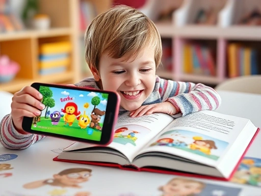 A child enthusiastically interacting with an AR English learning book on a table, a smartphone displaying vibrant 3D animated characters emerging from the book, showing engagement and fun learning. The scene includes colorful book illustrations and a bright, inviting atmosphere.