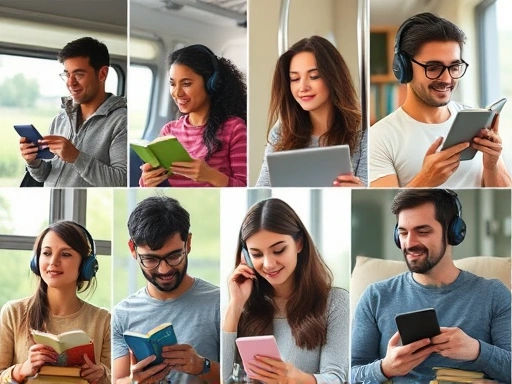 A diverse group of people listening to audiobooks in different settings like commuting, exercising, and relaxing at home, showcasing the convenience and versatility of audiobook platforms, with a focus on modern, user-friendly interfaces.