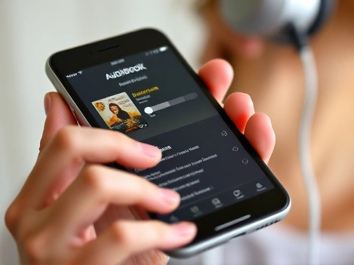 Close-up of a person holding a smartphone with an audiobook app open, displaying a modern user interface, with headphones on, subtly suggesting immersive listening experience and ease of access.