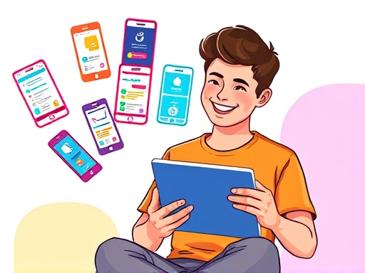 A vibrant, engaging digital illustration of various language learning app interfaces floating above a person happily studying on a tablet, symbolizing affordable and effective education. Focus on the concept of high value for money. English keywords: affordable, effective, language learning app, digital education, value.