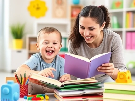 A vibrant, cheerful scene of a child happily engaging in fun English learning activities with a parent, surrounded by colorful educational toys and books.